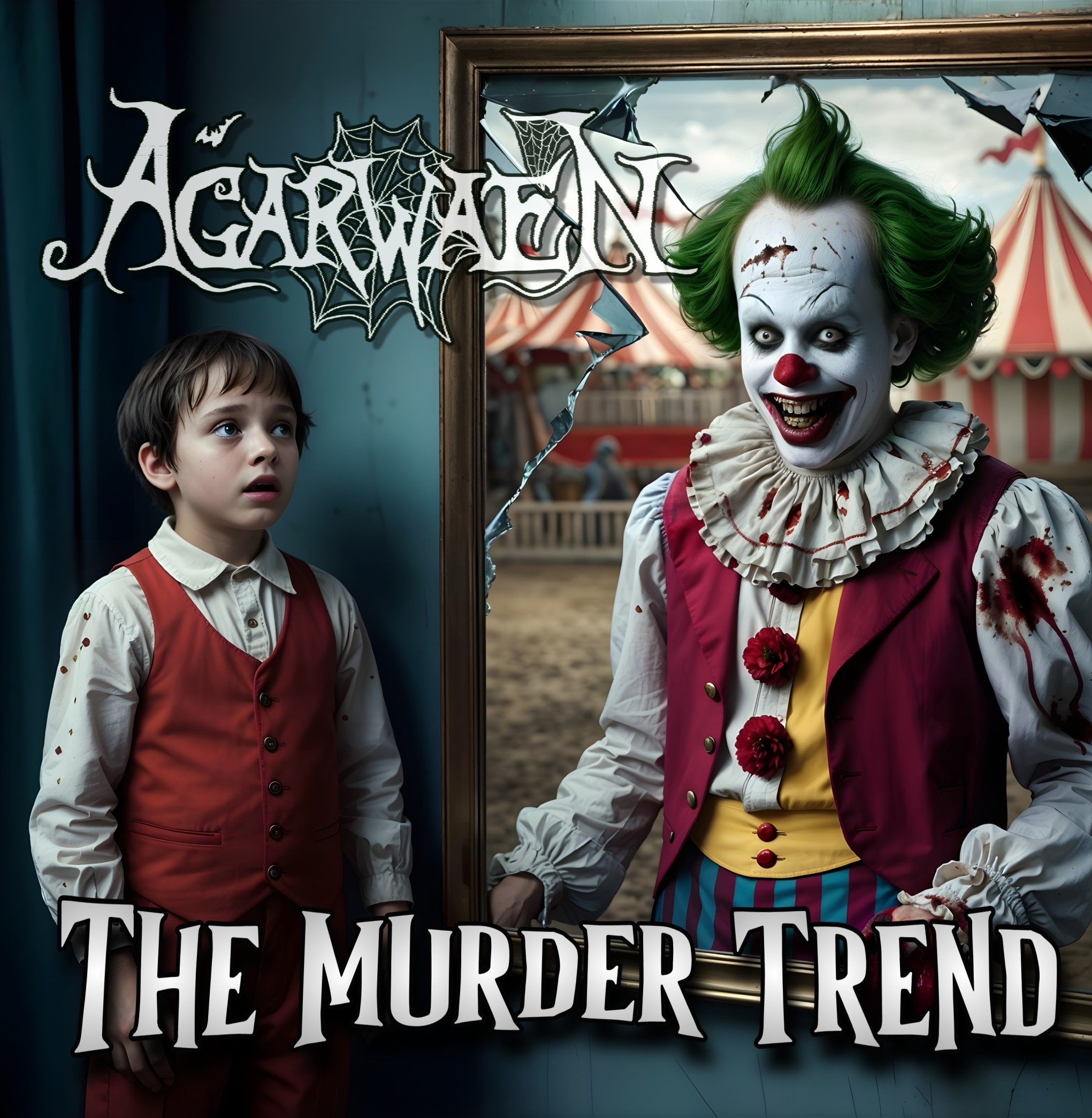 Album cover for Agarwaen's The Murder Trend featuring a young boy looking at a menacing clown reflected in a broken mirror.