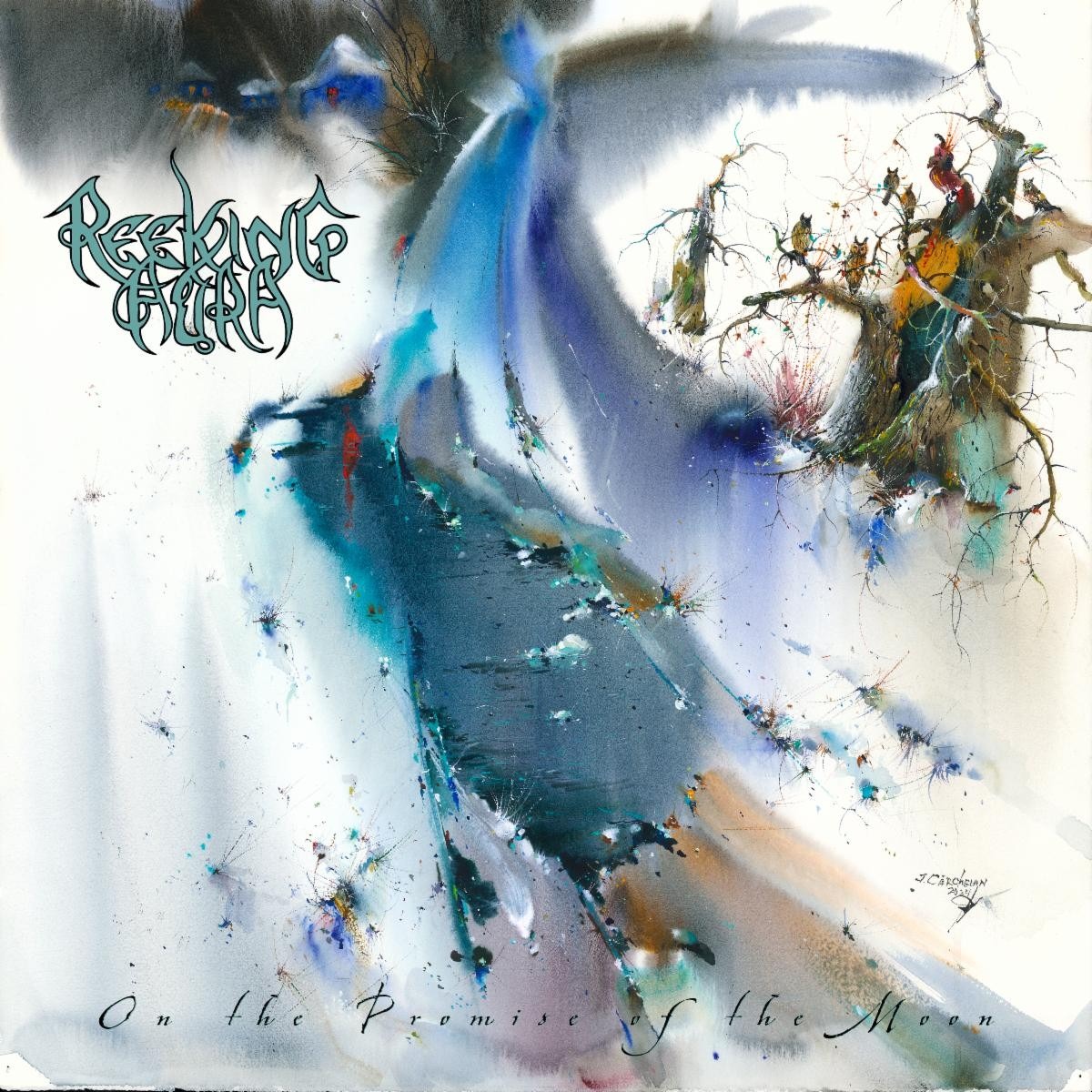 Album cover for Reeking Aura's 'On The Promise Of The Moon', featuring eerie, muted artwork of a figure by a stormy sea.